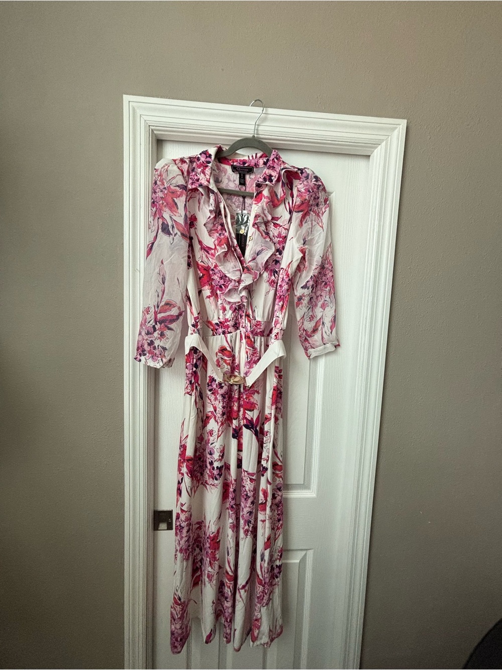 Christian Siriano White Maxi Dress with Pink Floral Print